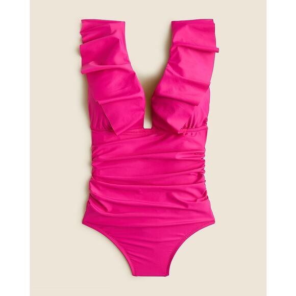 J Crew Ruched Ruffle One Piece Swimsuit 18 Pink V Neck Open Back NWT - Picture 1 of 8